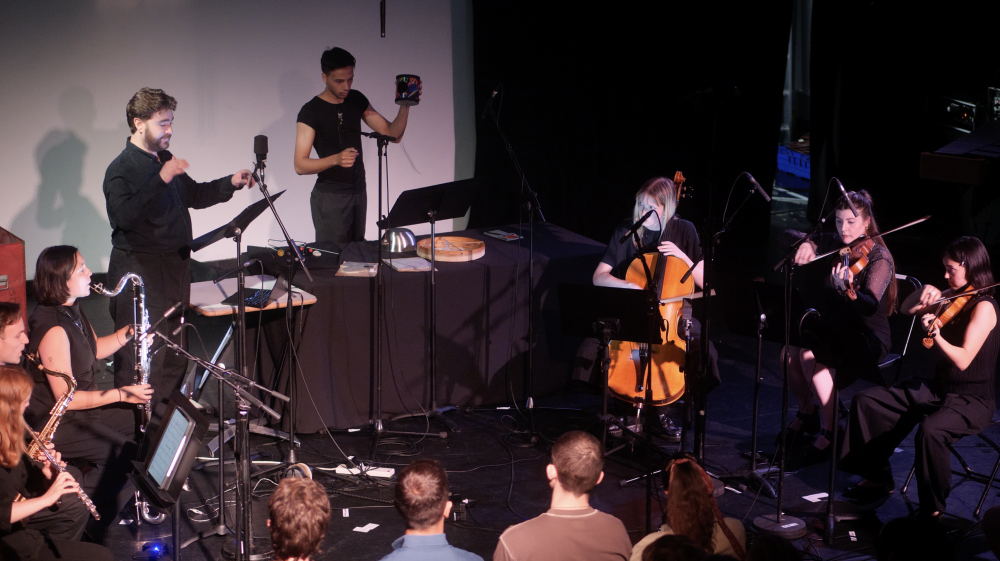 Keystones (music at the edge of rupture) (2026) for flute, tenor saxophone, bass clarinet, percussion, voice, violin, viola, cello, and electronics.